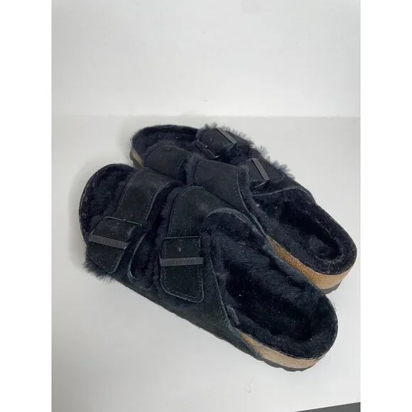 Birkenstock Arizona Black Shearling Fur Sandals Size 38 US 7 Narrow NEW - Picture 2 of 7